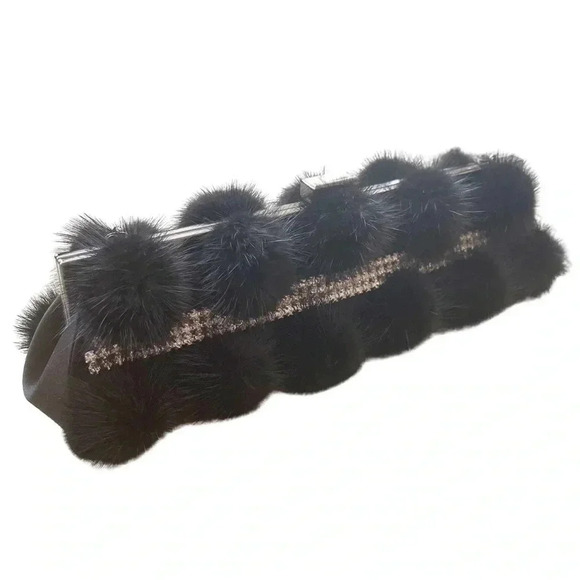 Secret Gardens by Karen Sharf black pom-pom rhinestone baguette clutch - Picture 2 of 11